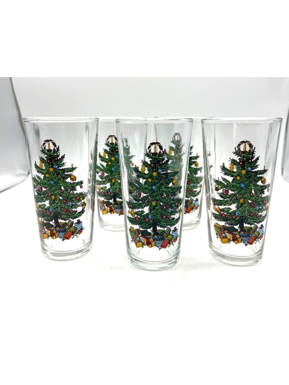Vintage KIG Indonesia Set Of 5 Christmas Tree Drinking Glasses Holiday Design 8